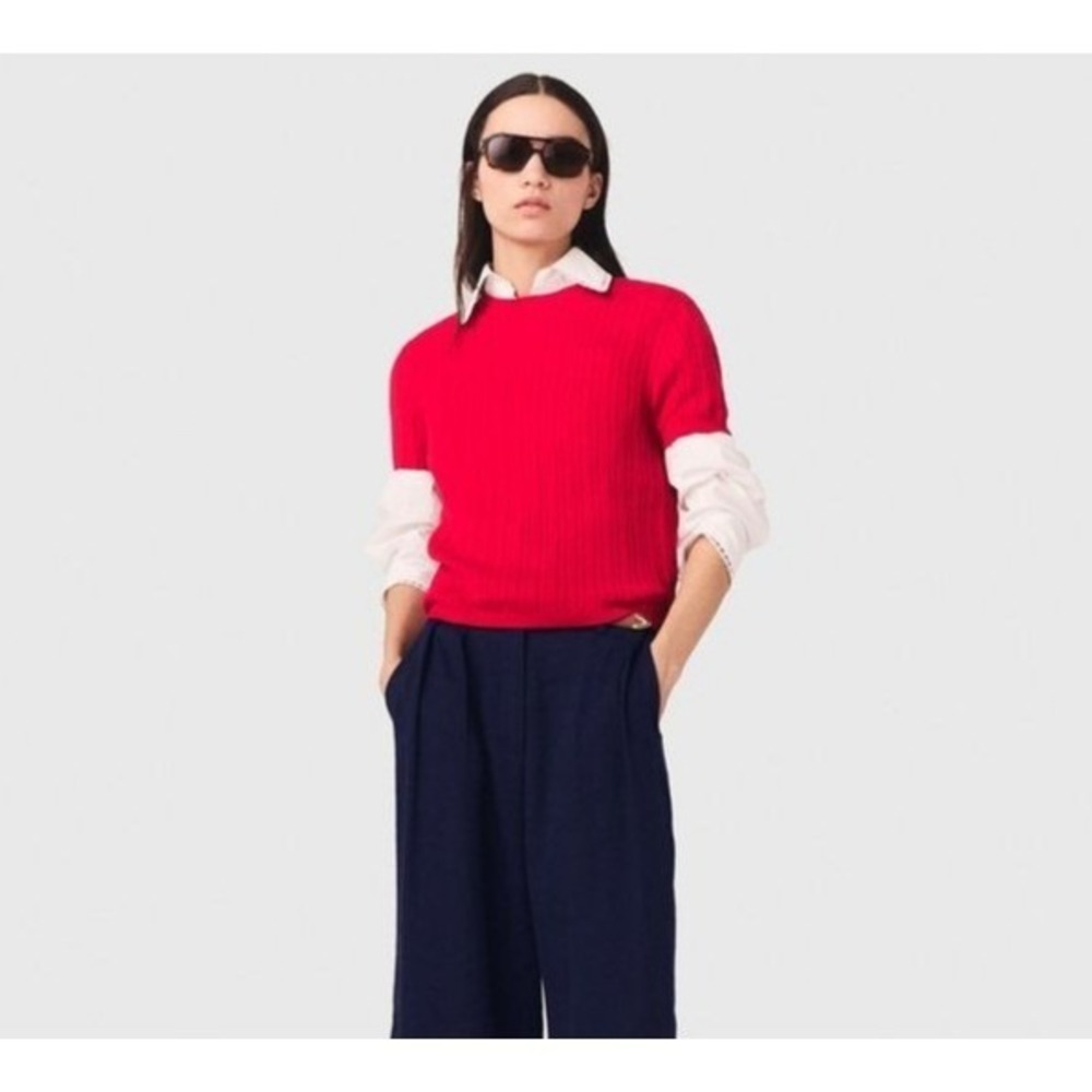 Maje Mapi Cable Knit Round Neck Sweater Pointelle Short Sleeve Sweater T1 US Sm